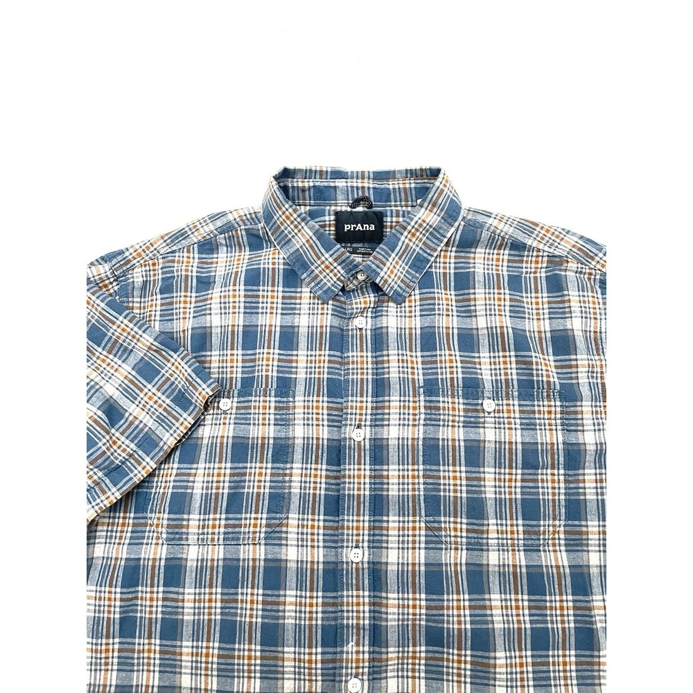 PrAna Short Sleeve Plaid Button Up Shirt‎ Men's XL Blue Yellow Pocket Outdoors